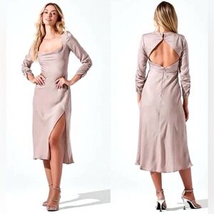 ASTR Champagne Blush Nude 3/4 Sleeve below knee Slit faux satin/silk Dress XS